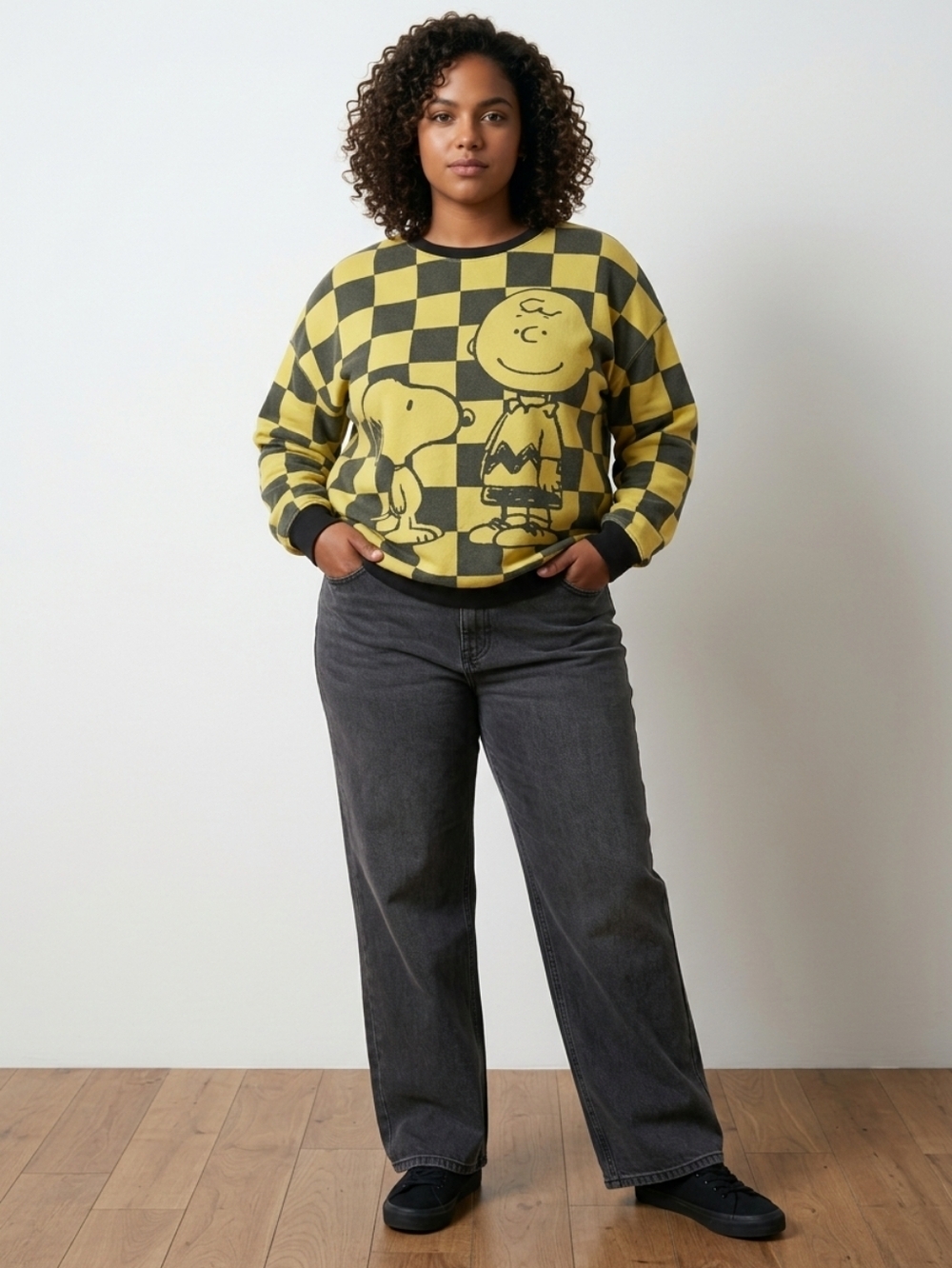 Snoopy & Charlie Brown Peanuts Hybrid Black & Yellow  Sweatshirt Sz L